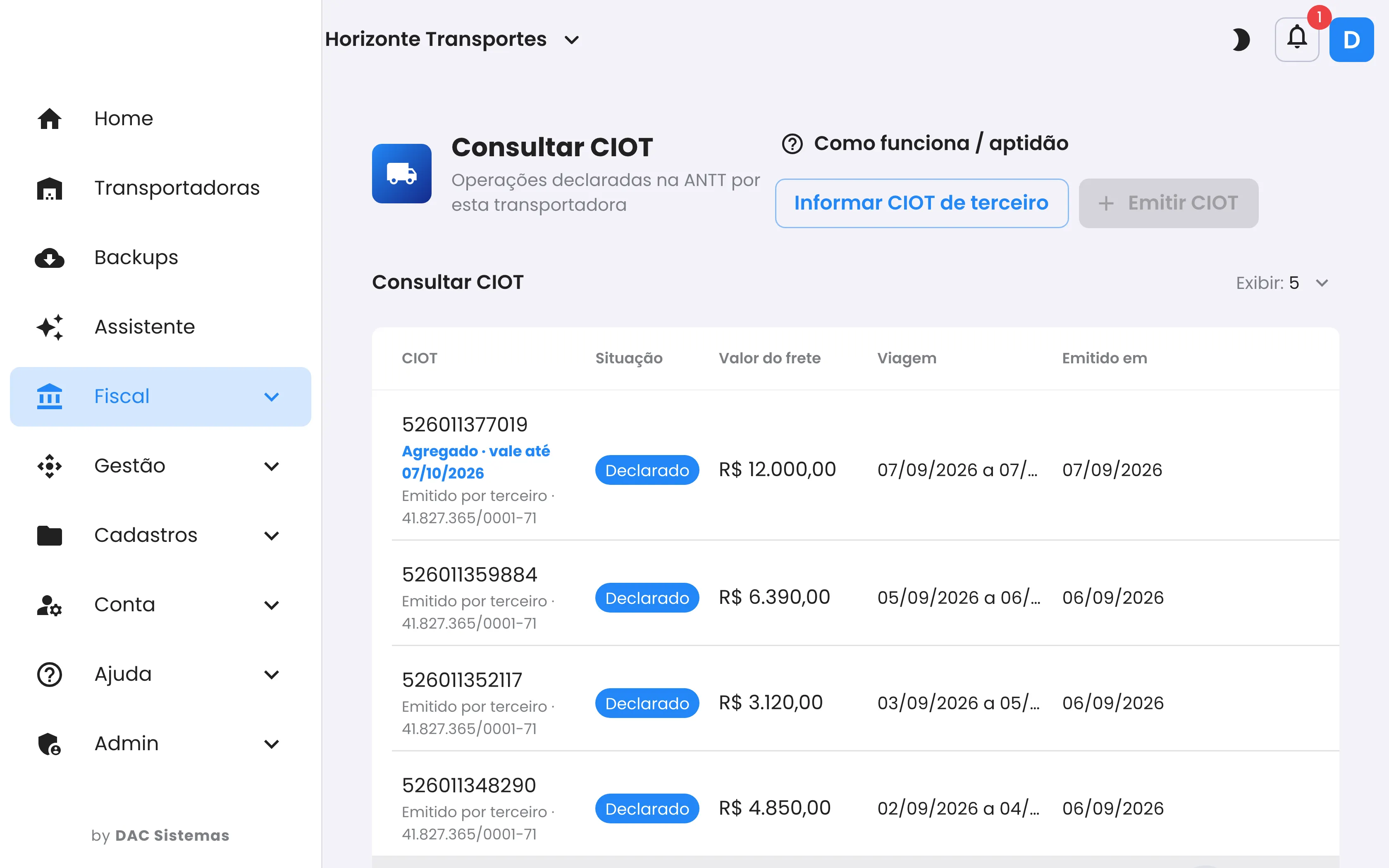 Tela Consultar CIOT do CTrans: operações declaradas na ANTT, com valor do frete e viagem