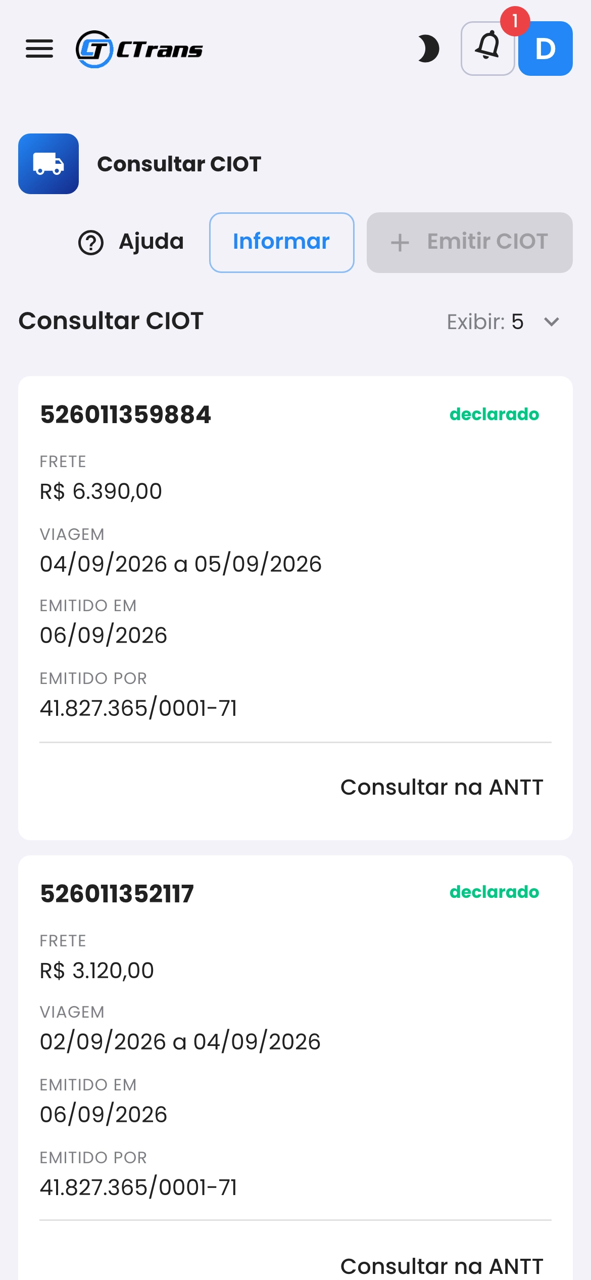 CTrans no celular: CIOTs declarados na ANTT