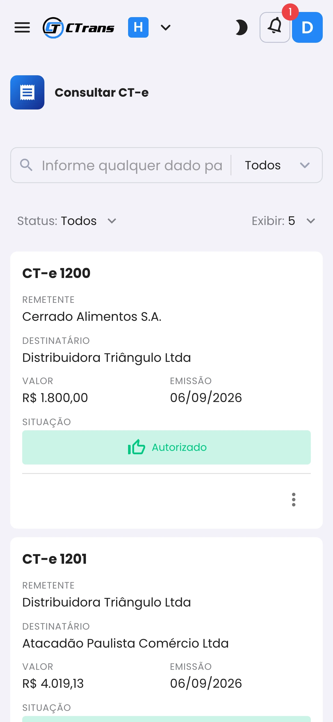 Lista de CT-e autorizados no celular