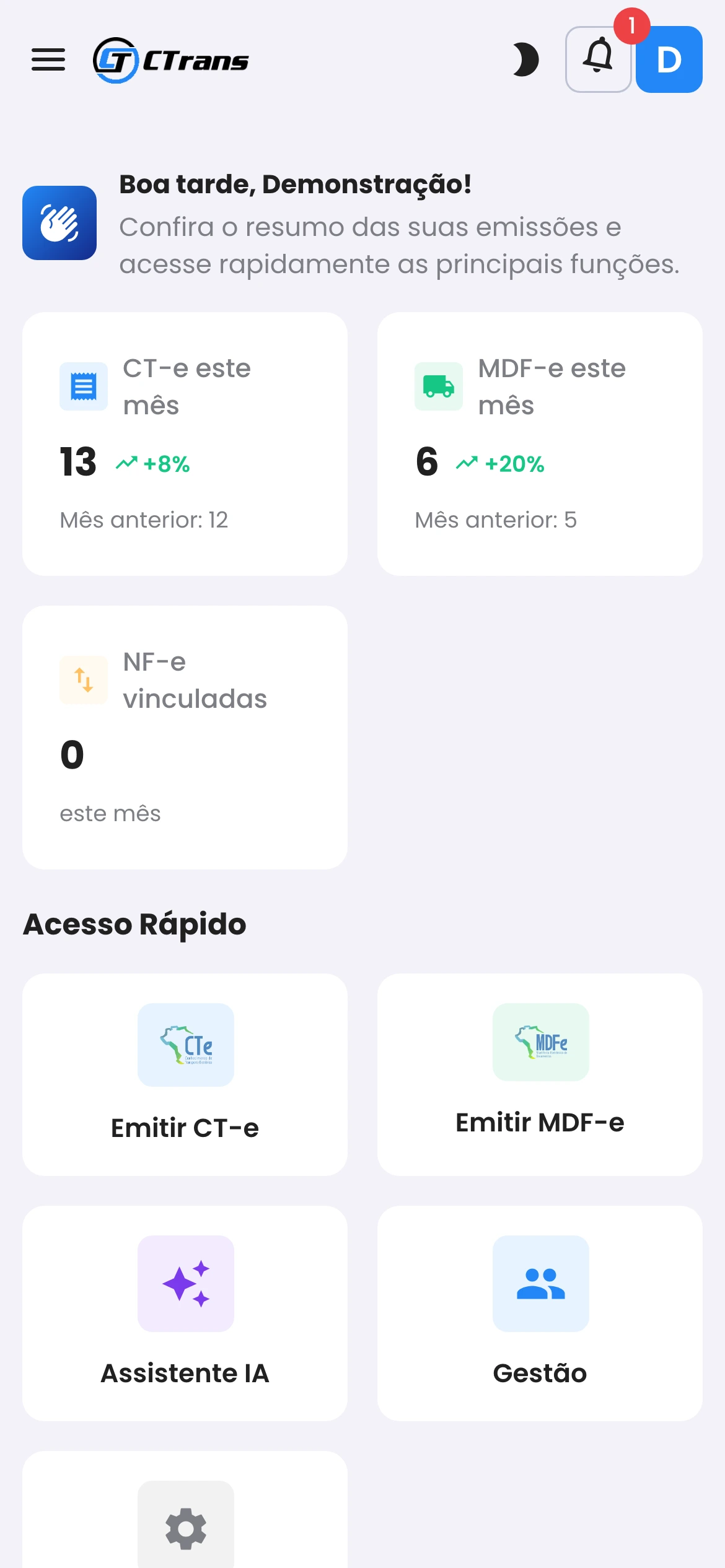 Painel inicial do CTrans no celular, com CT-e e MDF-e do mês