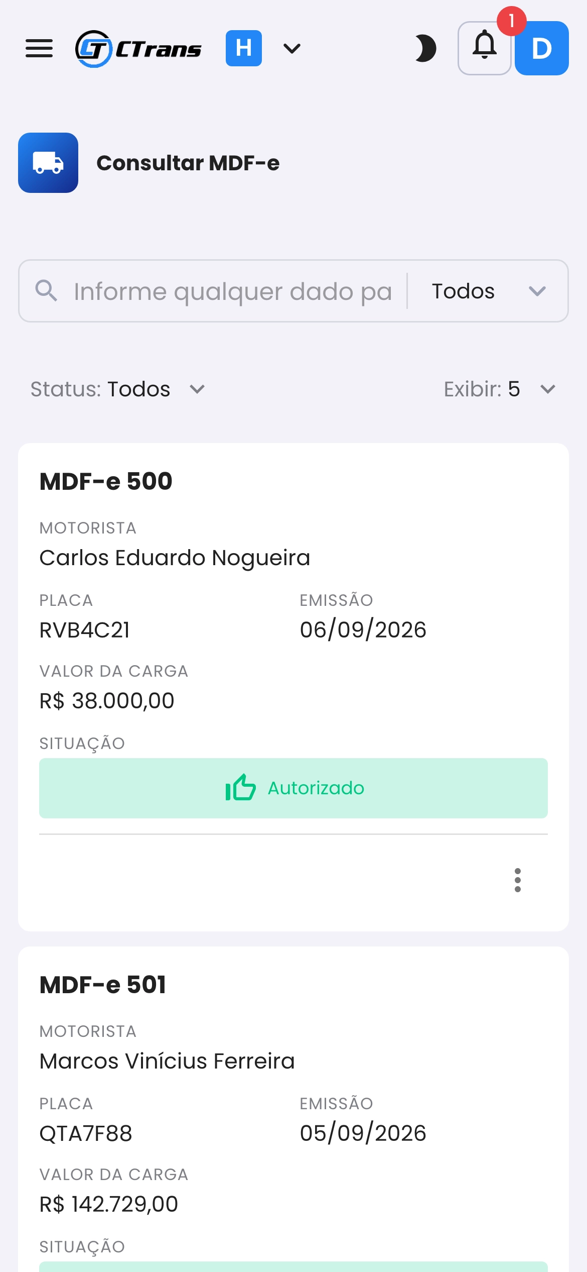 CTrans no celular: MDF-e autorizados e encerrados